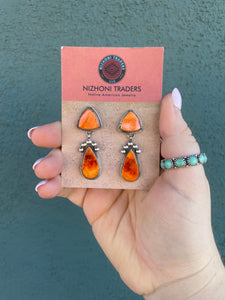 Navajo Orange Spiny And Sterling Silver Necklace Earrings Set By Selena Warner