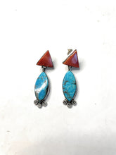 Load image into Gallery viewer, Navajo Sterling Silver Turquoise And Coral Dangle Earrings