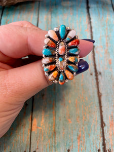 Navajo Sterling Silver And Spice Mohave Adjustable Cluster Ring Signed