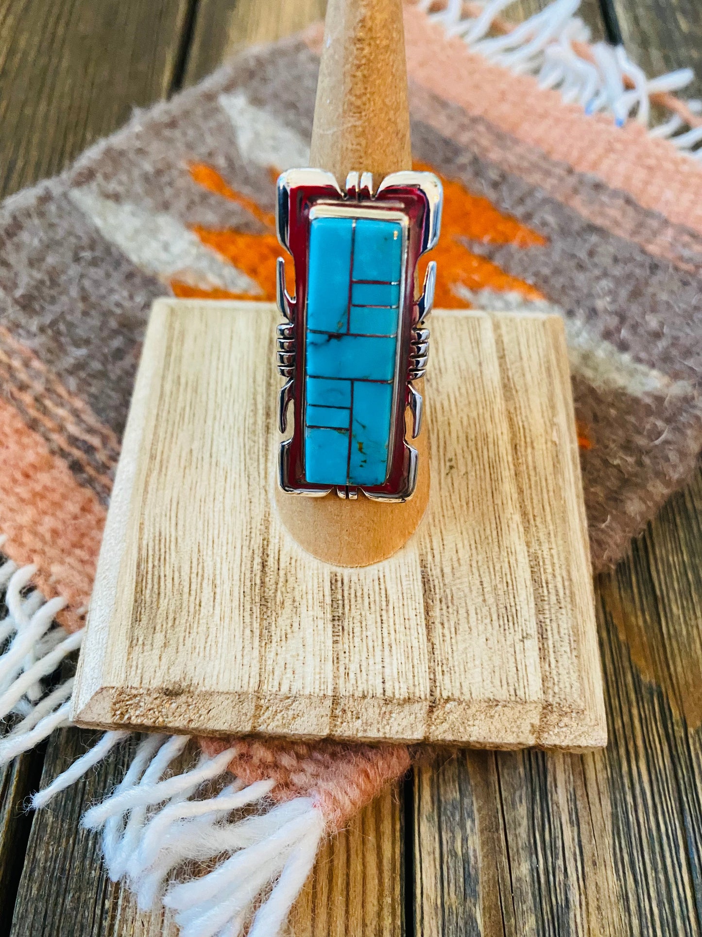 Navajo Sterling Silver & Turquoise Inlay Ring Size 6.5