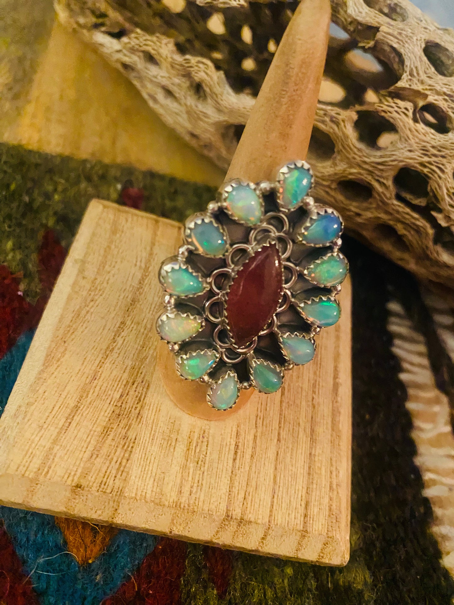 Handmade Sterling Silver, Agate & Opal Cluster Adjustable Ring