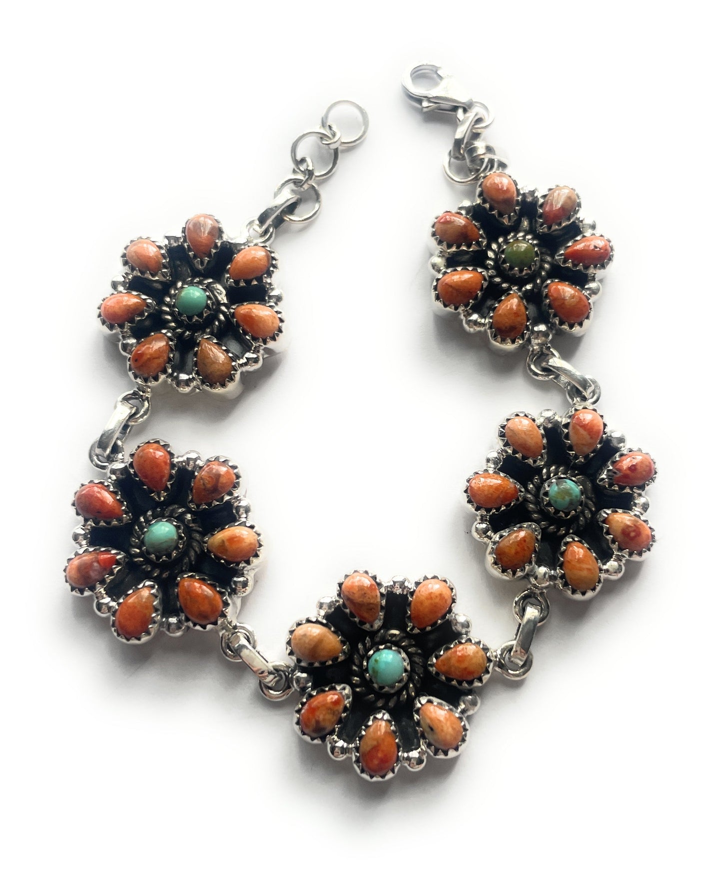 Handmade Sterling Silver Orange Spiny & Turquoise Cluster Bracelet Signed Nizhoni