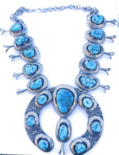 Load image into Gallery viewer, Vintage Navajo Kingman Turquoise &amp; Sterling Silver Squash Blossom Necklace
