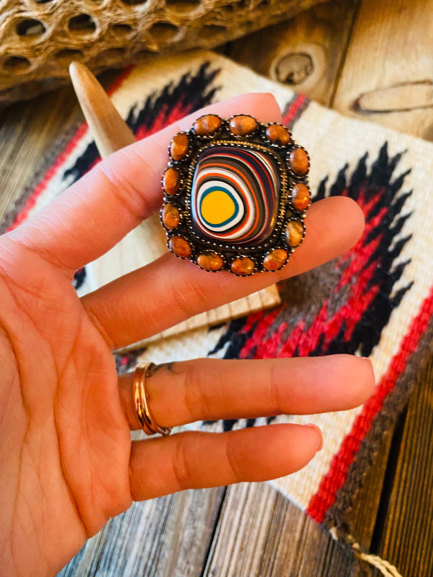 Handmade Sterling Silver, Fordite & Orange Mohave Cluster Adjustable Ring