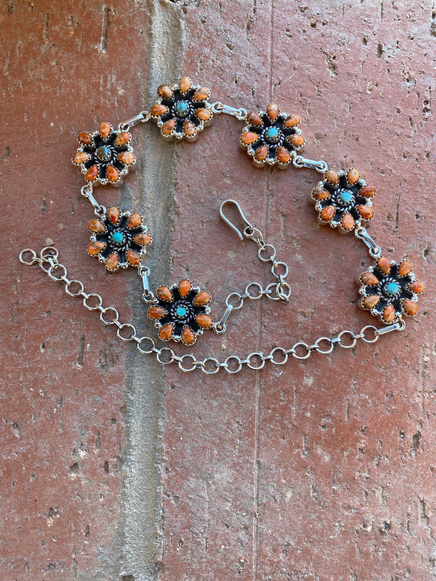 Hand Made Sterling Silver Orange Spiny & Royston Turquoise Choker Necklace