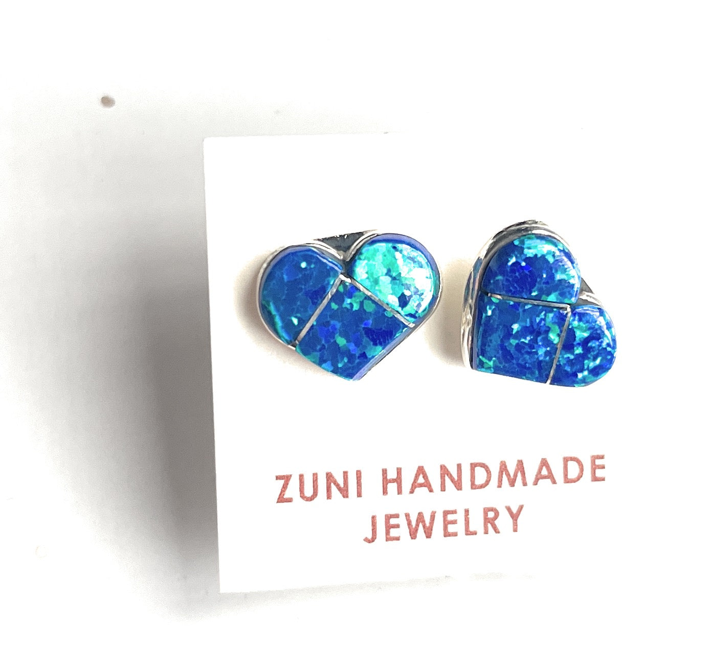 Zuni Sterling Silver & Blue Opal Inlay Heart Stud Earrings