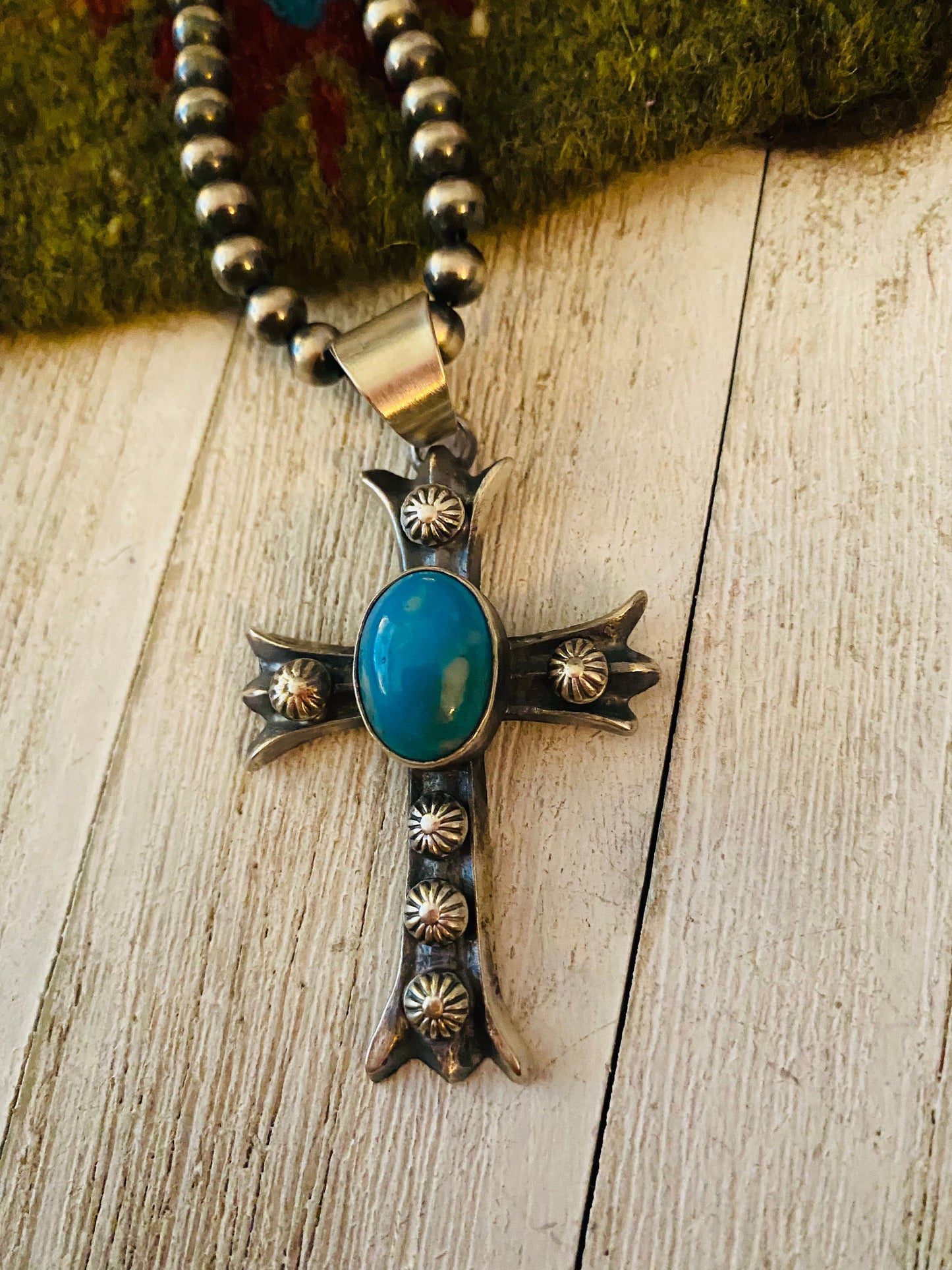Navajo Sterling Silver & Turquoise Cross Pendant By Chimney Butte