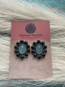 Handmade Onyx & Aqua Calcedony Post Earrings Signed Nizhoni