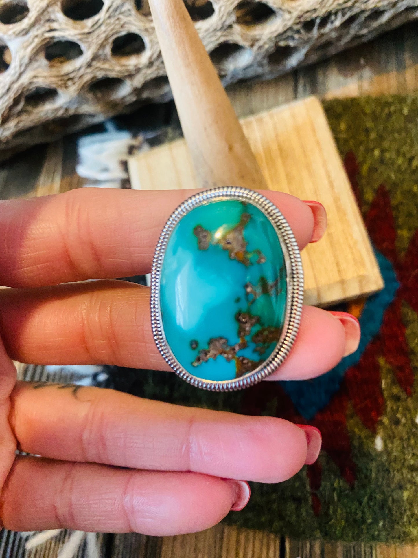 Navajo Gold Canyon Turquoise & Sterling Silver Adjustable Ring by Wydell Billie