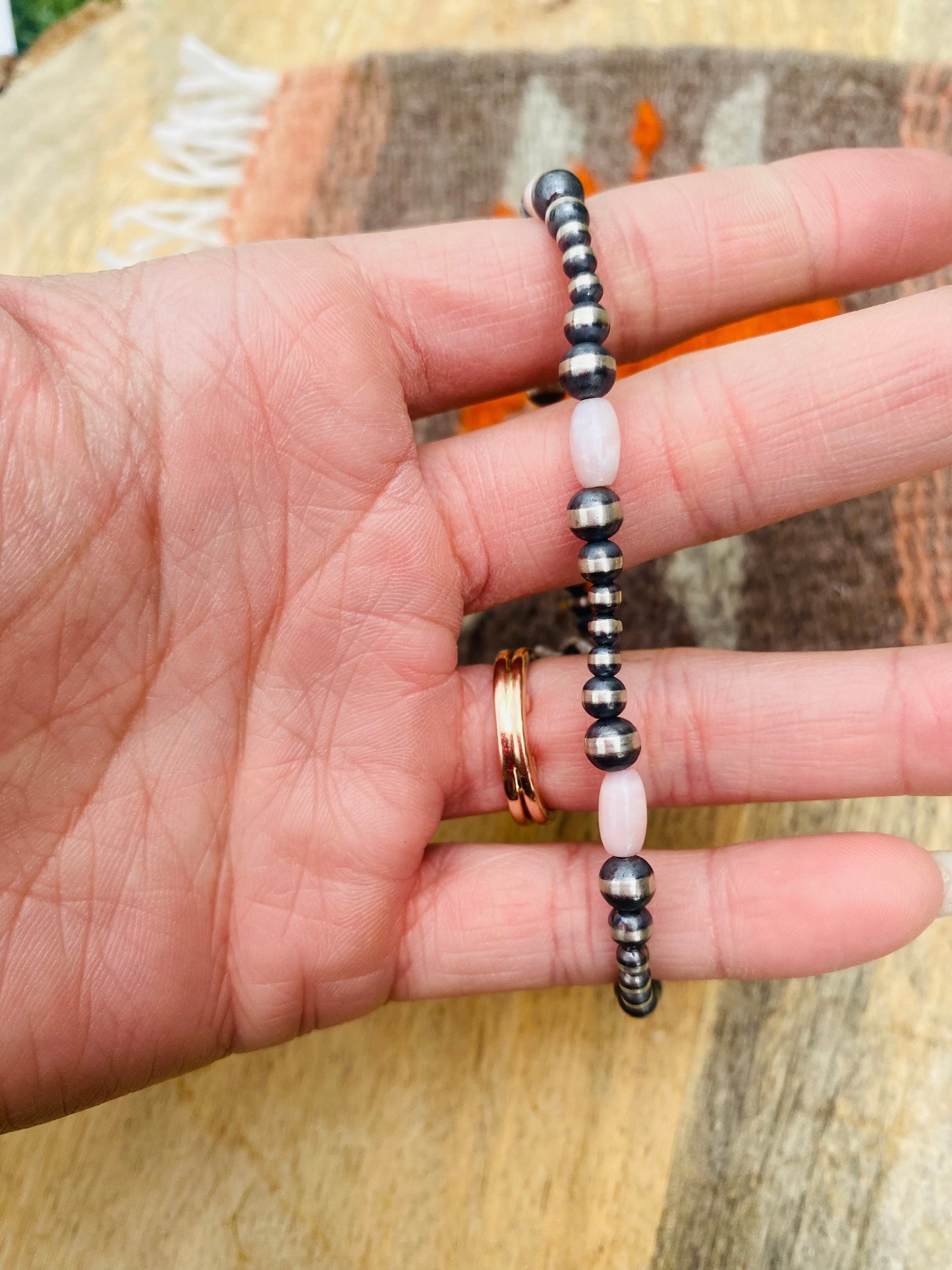 Navajo Sterling Silver Pearl & Pink Opal Beaded Bracelet