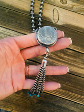 Load image into Gallery viewer, Navajo Turquoise &amp; Sterling Silver Pearl Beaded Coin Tassel Necklace