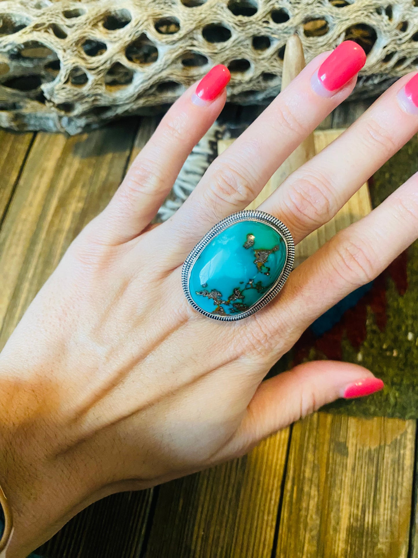 Navajo Gold Canyon Turquoise & Sterling Silver Adjustable Ring by Wydell Billie