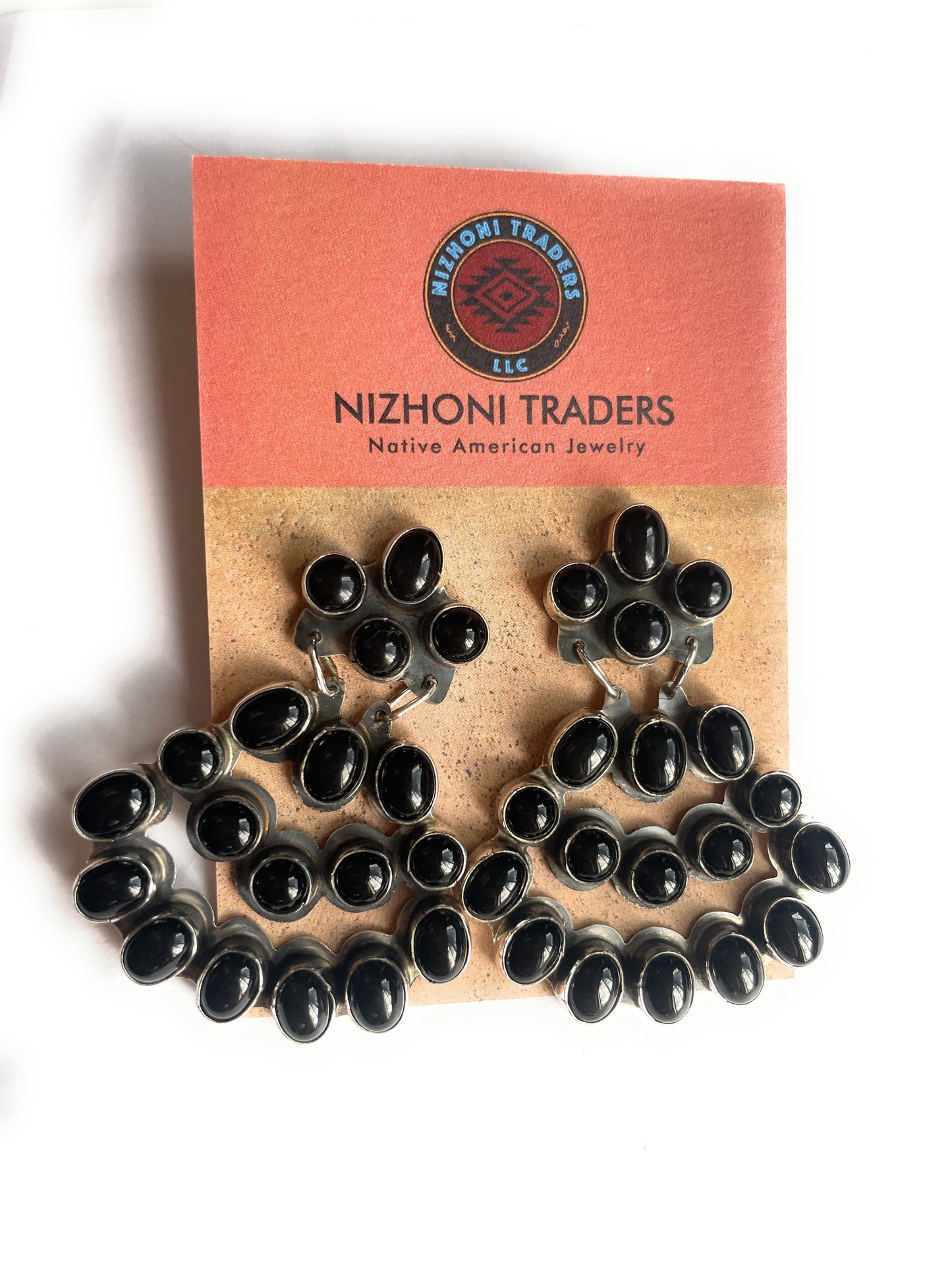 Navajo Sterling Silver & Black Onyx Dangle Earrings Signed