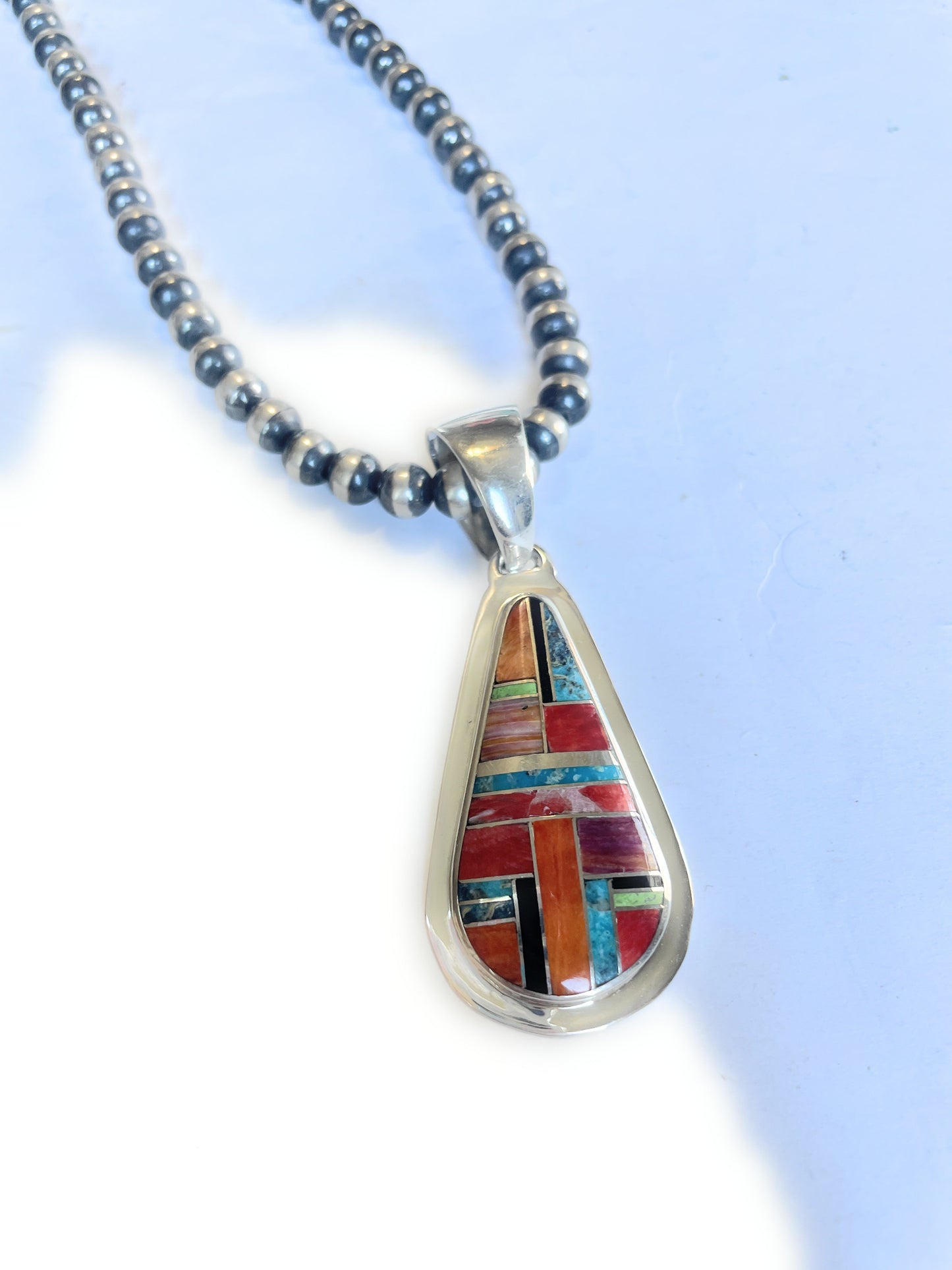 Navajo Multi Stone Inlay & Sterling Silver Pendant Signed