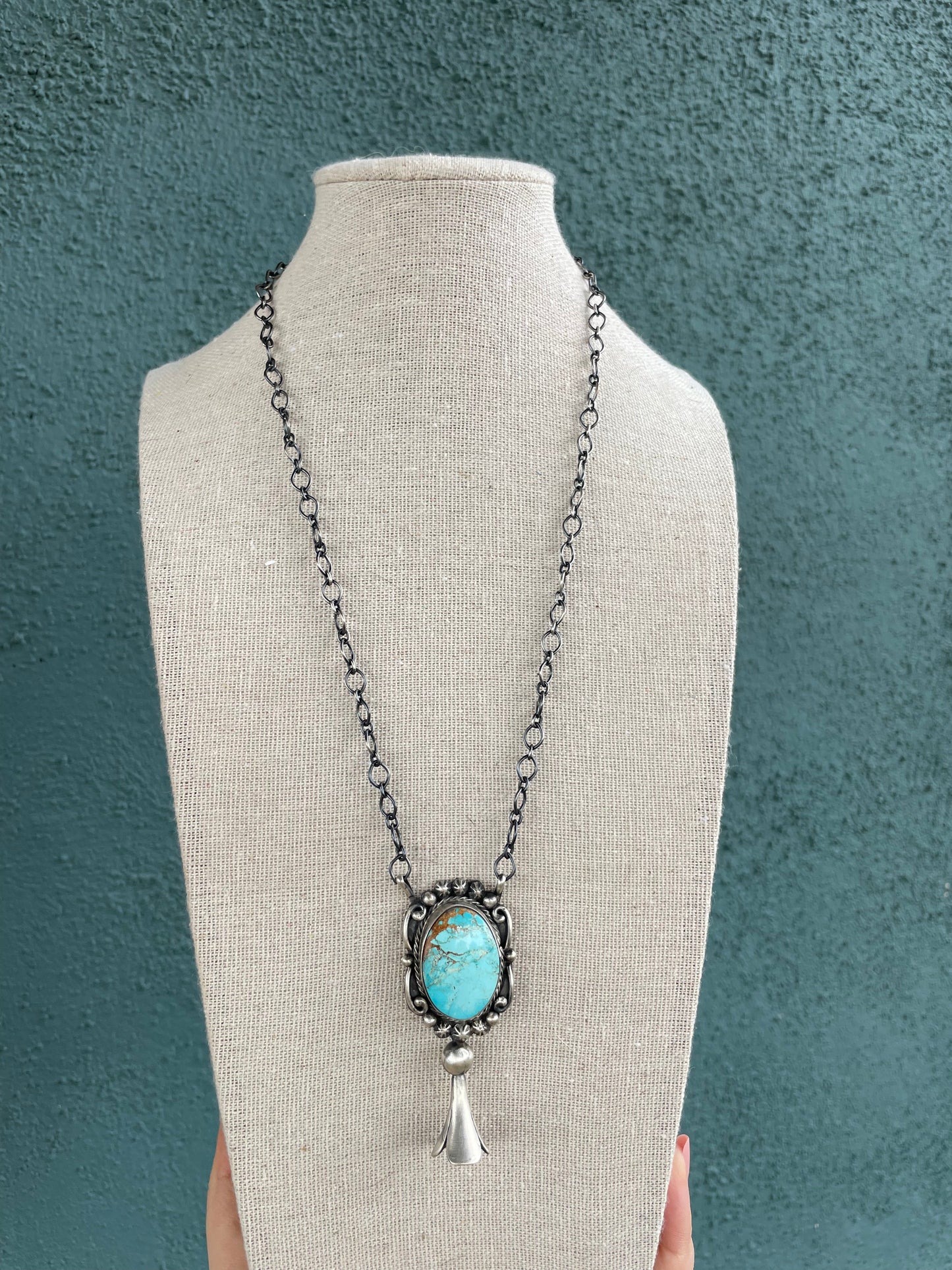 Navajo Sterling Silver And Turquoise Blossom Necklace Signed
