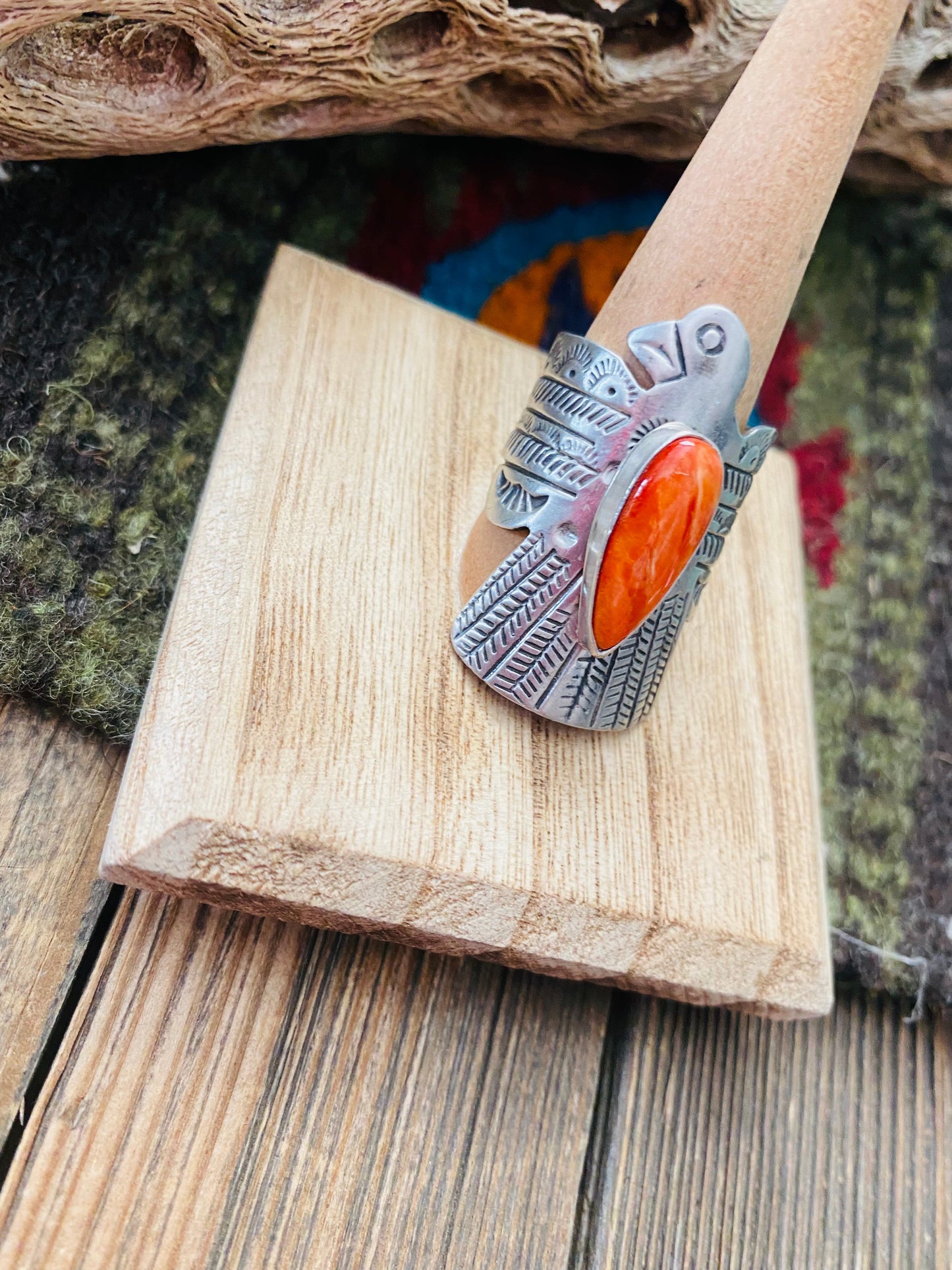 Navajo Sterling Silver & Orange Spiny Thunderbird Ring