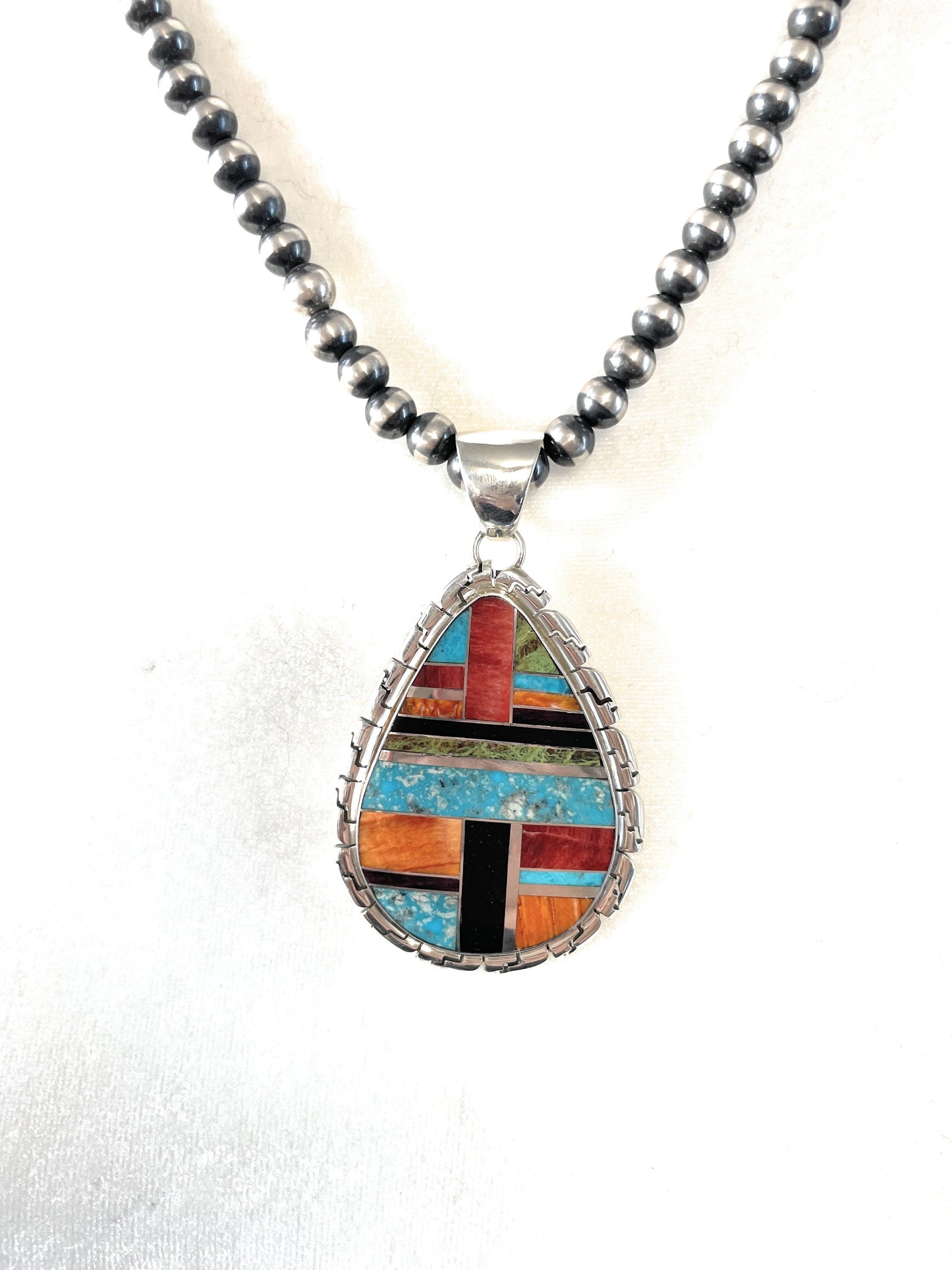 Navajo Multi Stone Inlay & Sterling Silver Pendant Signed LK