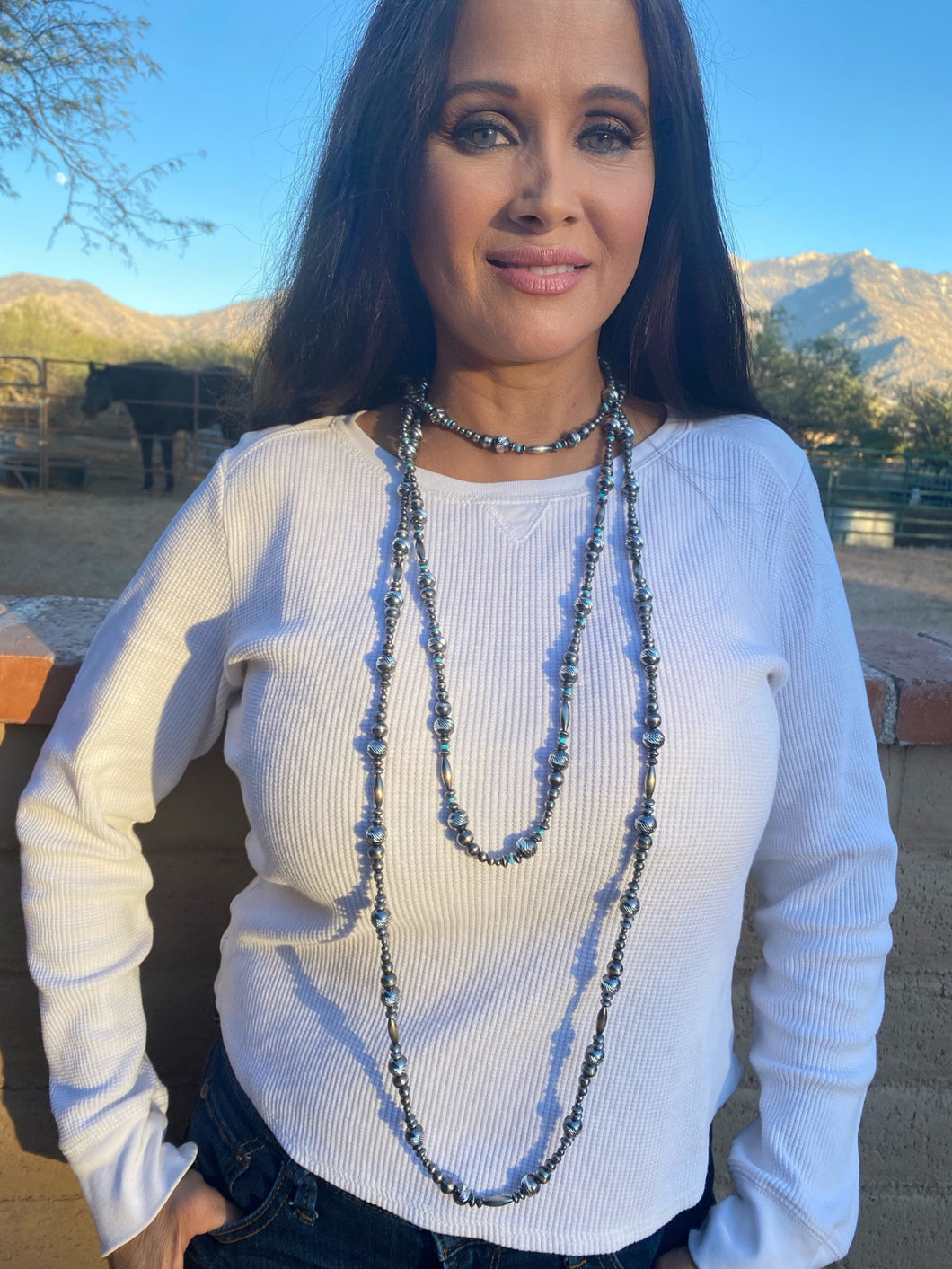 Navajo Sterling Silver & Turquoise Diamond cut 26 inch necklace