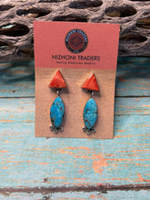 Load image into Gallery viewer, Navajo Sterling Silver Turquoise And Coral Dangle Earrings