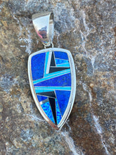 Load image into Gallery viewer, Navajo Lapis, Turquoise, Blue Opal Shield Pendant 2.5”