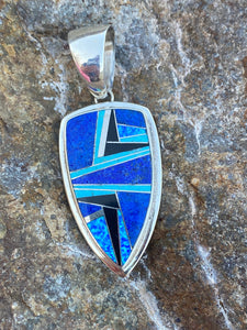 Navajo Lapis, Turquoise, Blue Opal Shield Pendant 2.5”