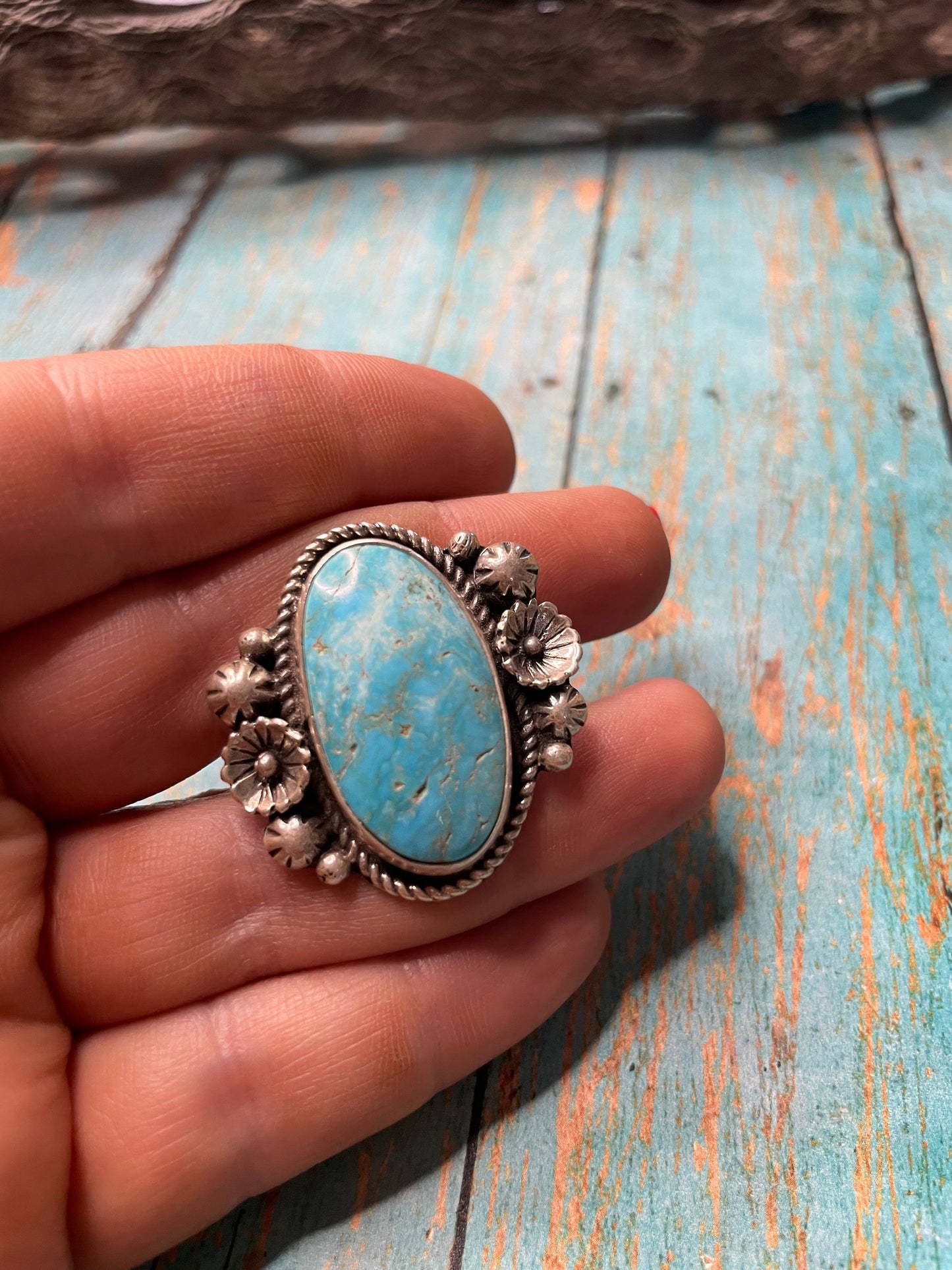 Old Pawn Navajo Sterling Silver & Turquoise Ring Size 9