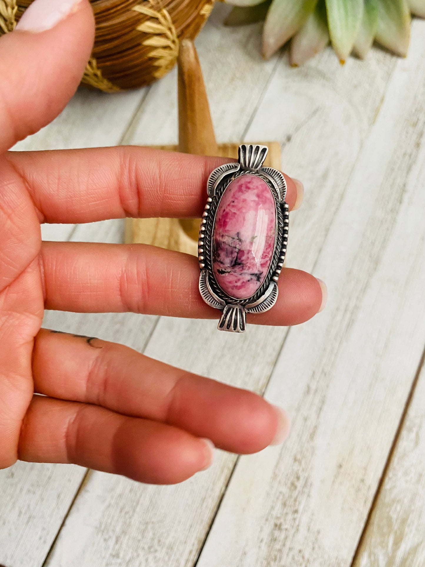 Navajo Rhodochrosite And Sterling Silver Ring Size 9 Signed