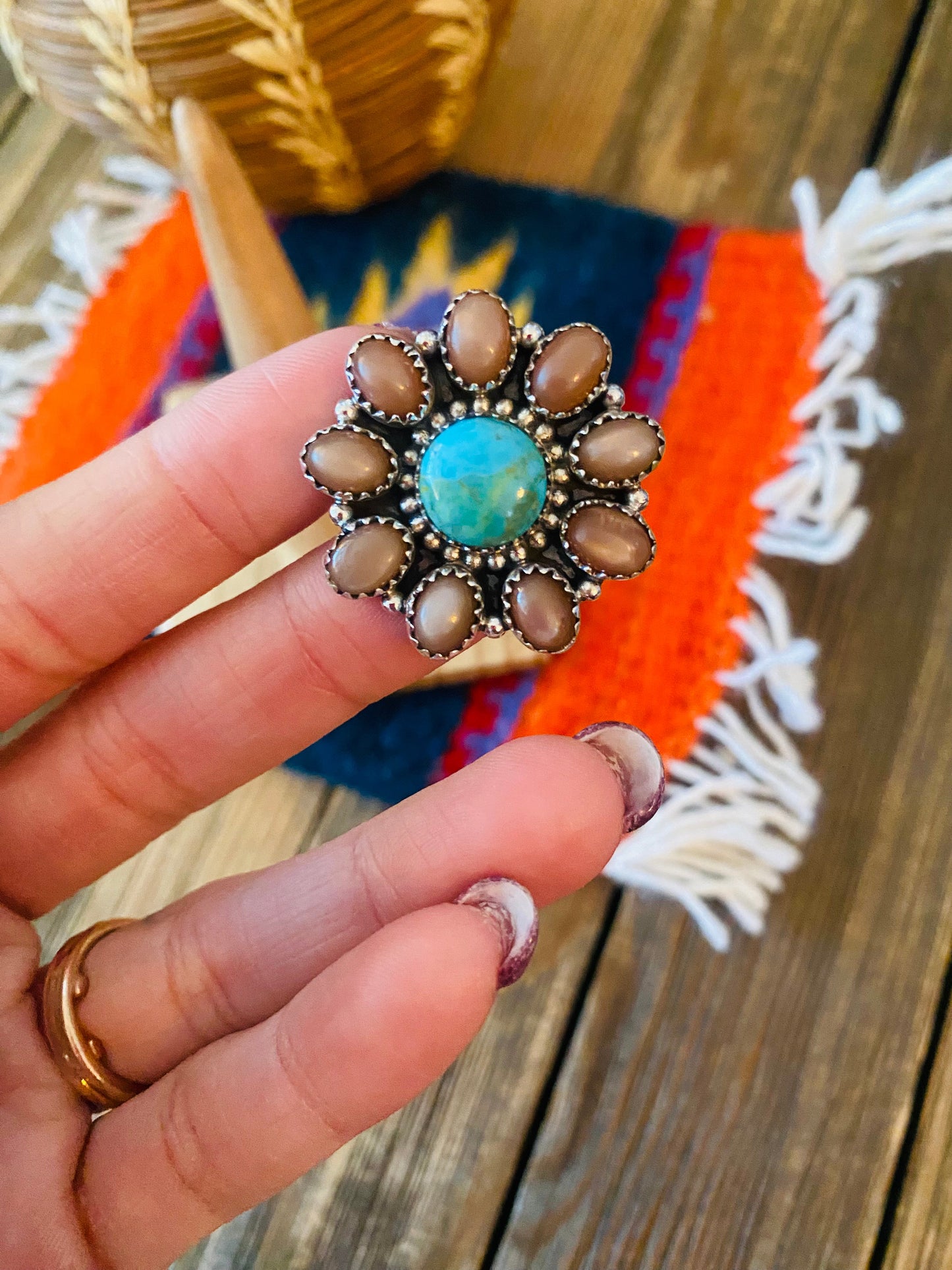 Handmade Sterling Silver, Mother of Pearl & Turquoise Cluster Adjustable Ring