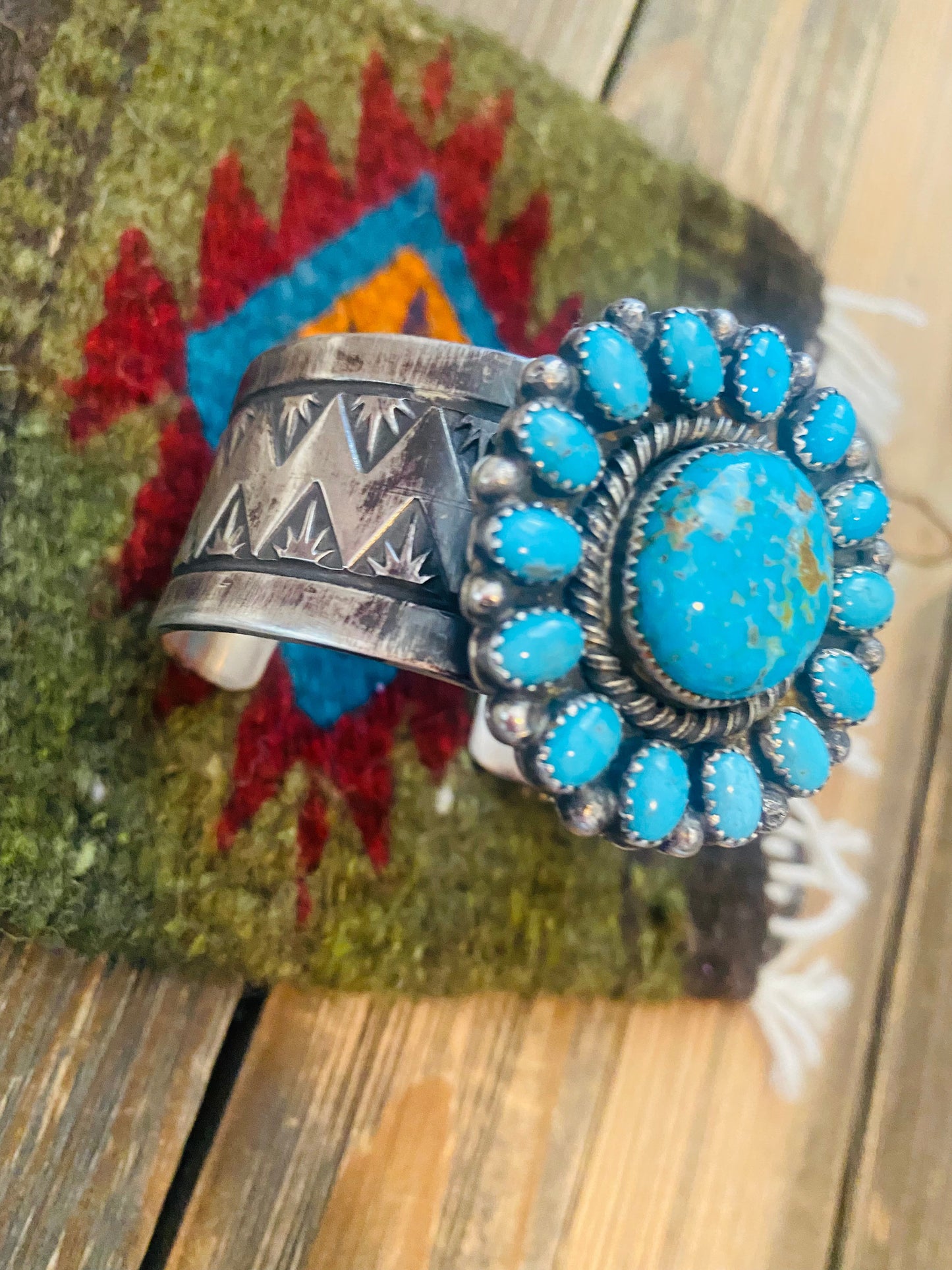 Navajo Kingman Turquoise And Sterling Silver Cluster Cuff Adjustable Bracelet