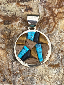 Navajo Inlay Circle Pendant , Onyx, Petrified Wood