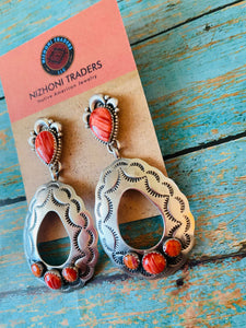 Navajo Sterling Silver & Red Spiny Concho Dangle Earrings