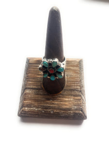 Handmade Sterling Silver, Turquoise and Coral Cluster Adjustable Ring Signed Nizhoni
