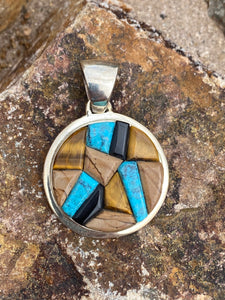 Navajo Inlay Circle Pendant , Onyx, Petrified Wood
