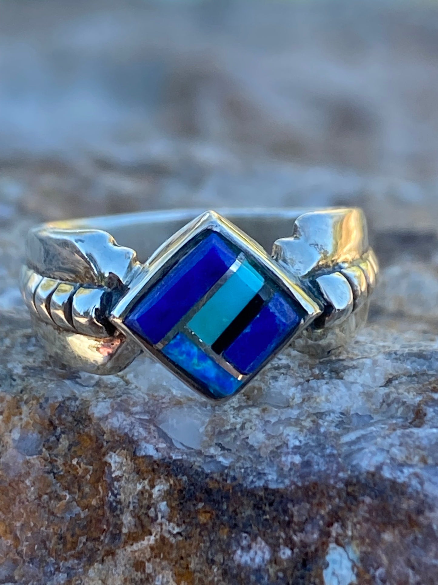 Navajo Lapis, Turquoise, Blue Opal Petite Square Ring Sz 5.25