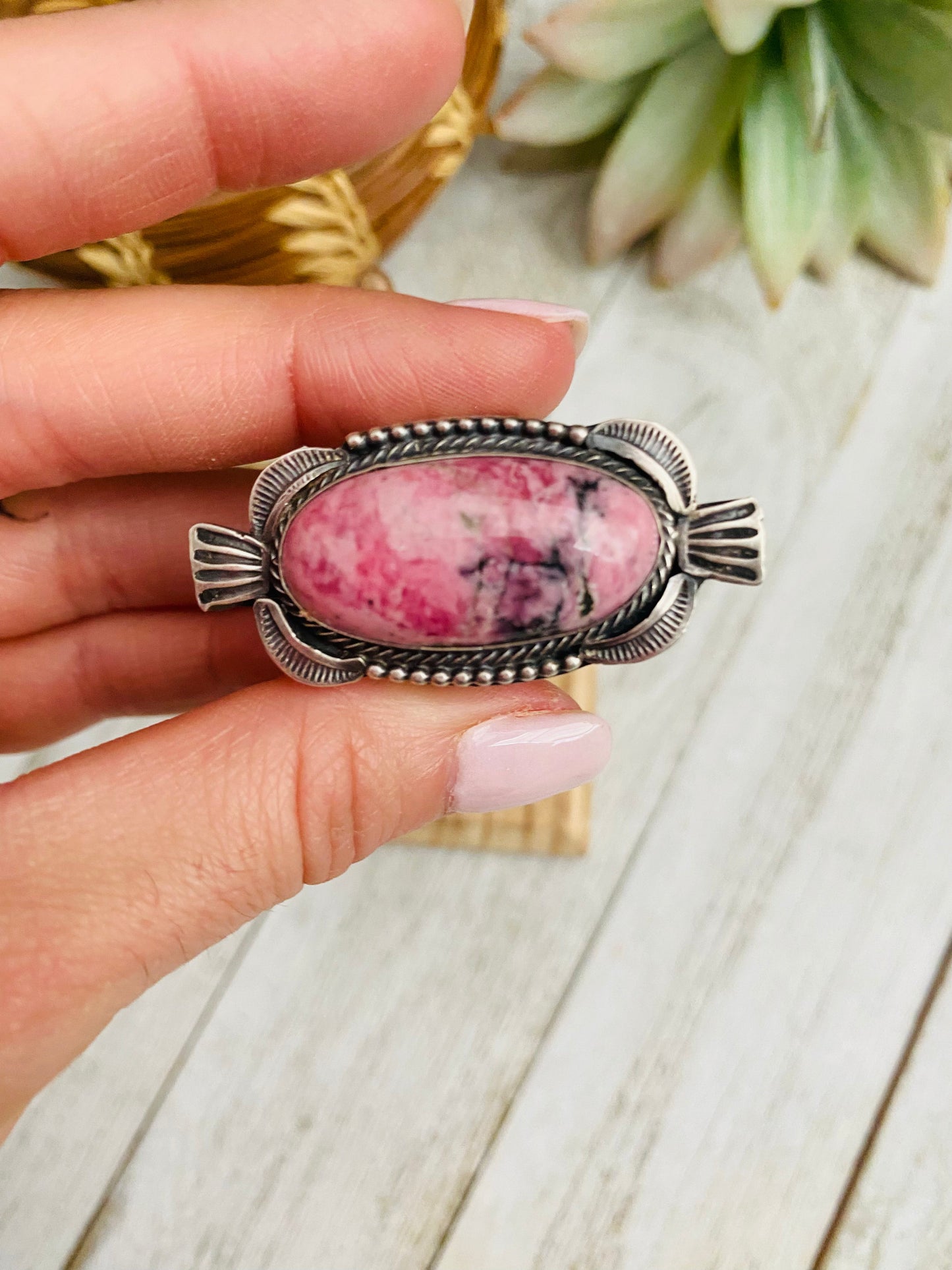 Navajo Rhodochrosite And Sterling Silver Ring Size 9 Signed