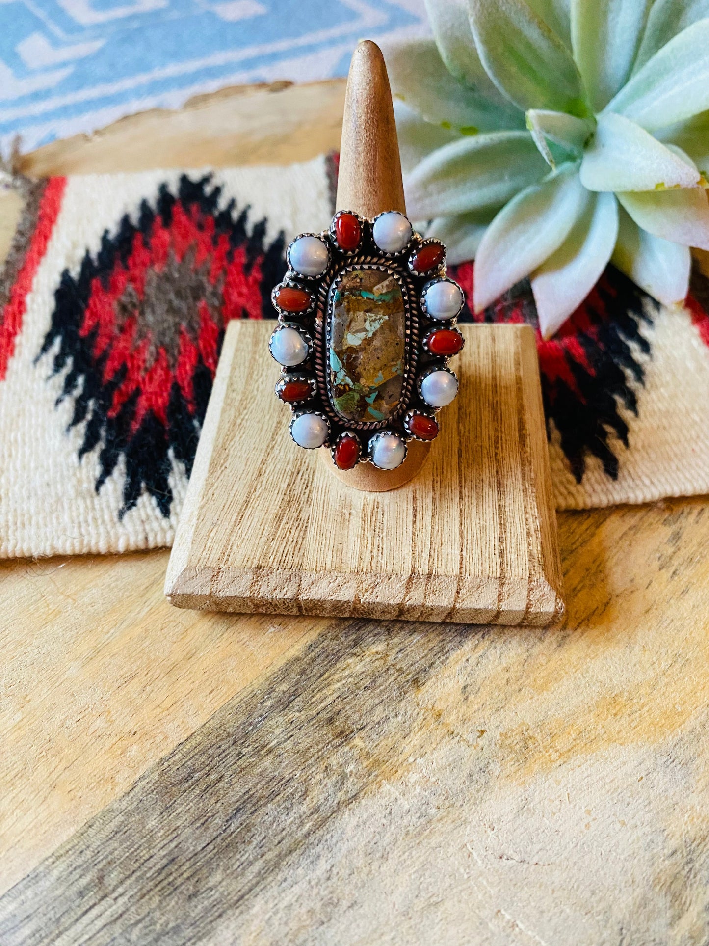 Handmade Sterling Silver, Turquoise, Coral & Pearl Cluster Adjustable Ring