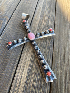 Navajo Sterling Silver & Coral Cross Pendant Signed By Chimney Butte