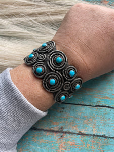 Leander Tahe Turquoise & Sterling Silver Spiral Navajo Bracelet Signed