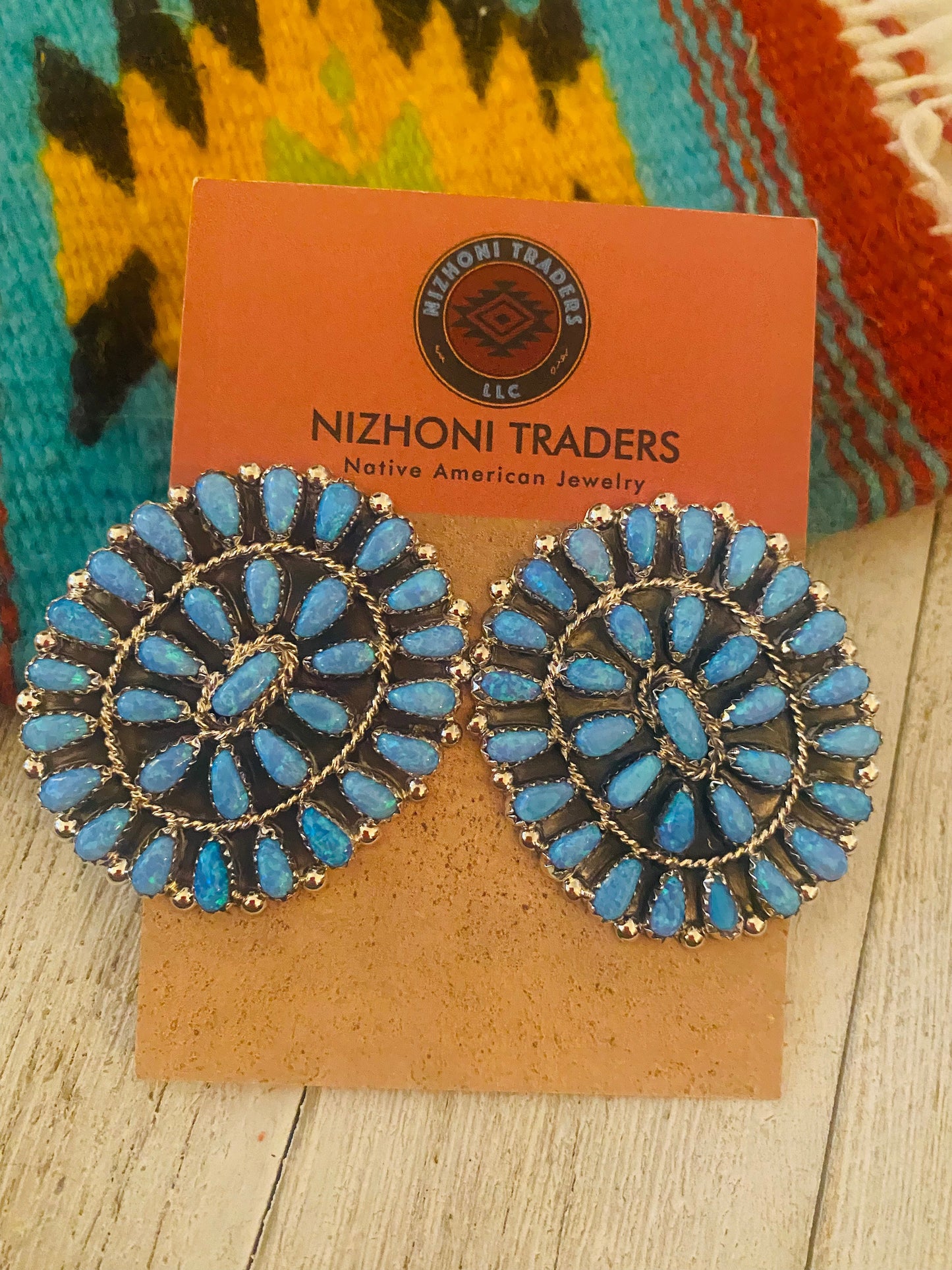 Navajo Sterling Silver & Blue Opal Cluster Post Earrings Signed