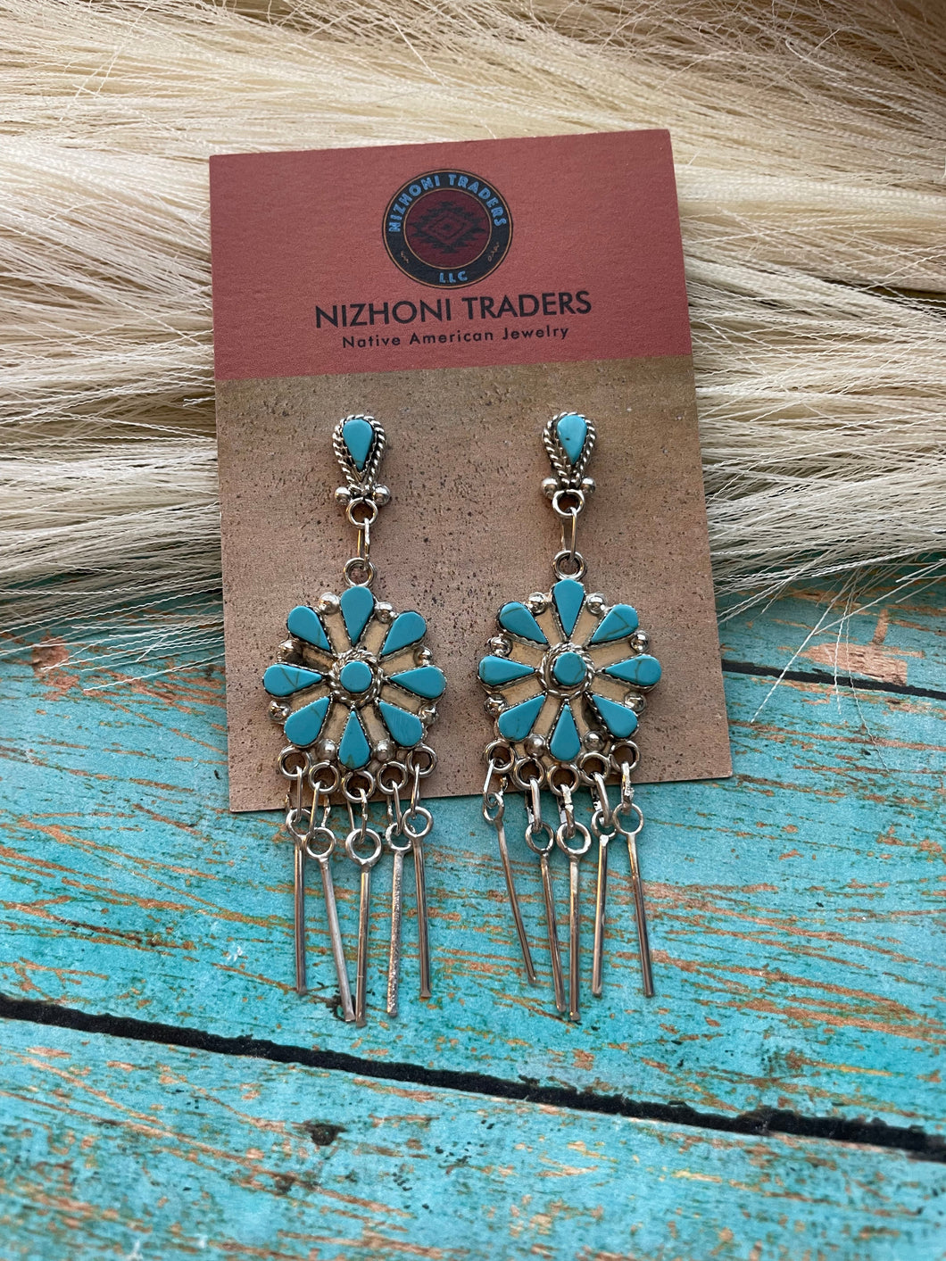 Zuni Sterling Silver & Turquoise 3 Inch Dangle Earrings