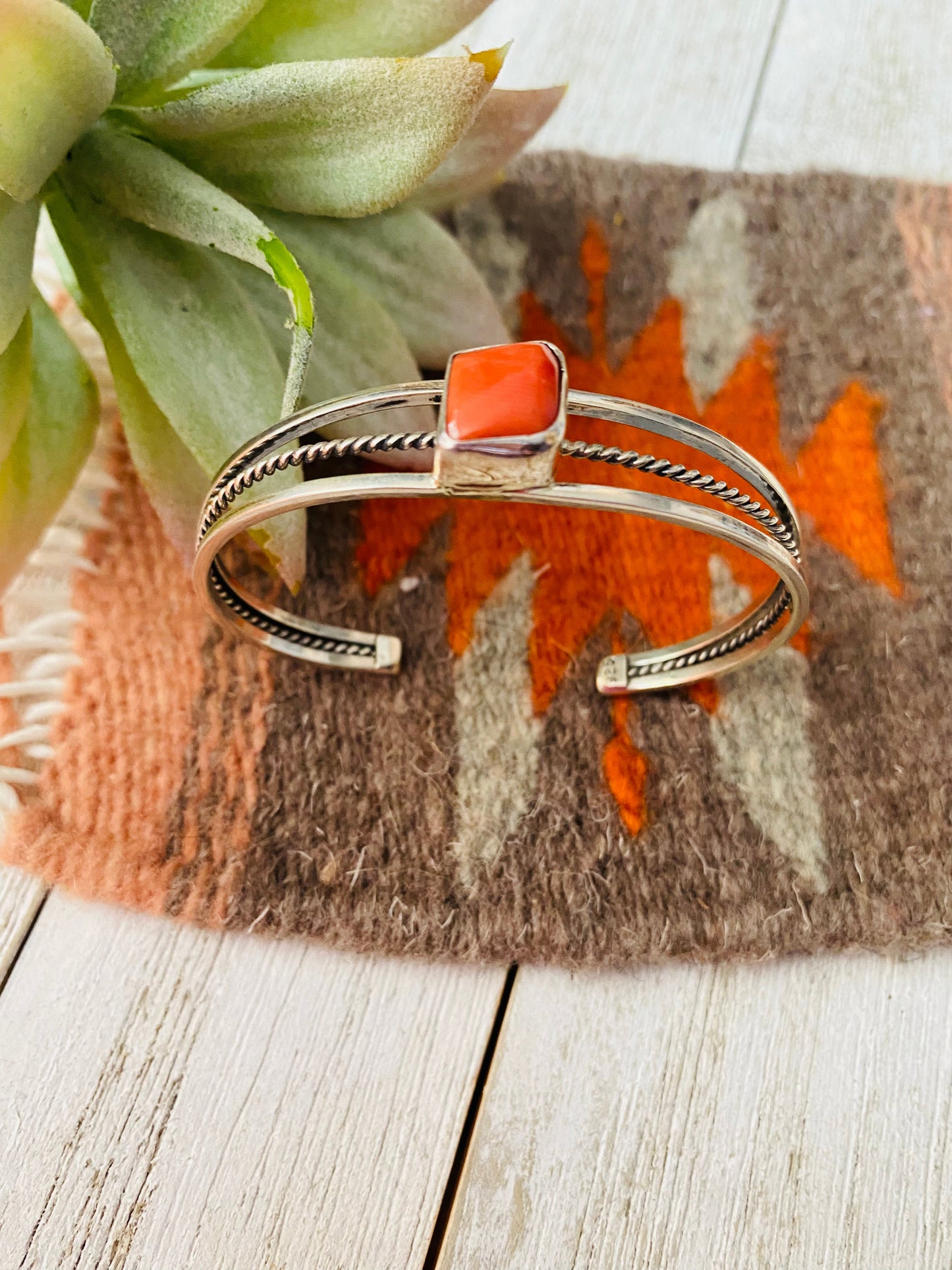 Navajo Coral & Sterling Silver Cuff Bracelet