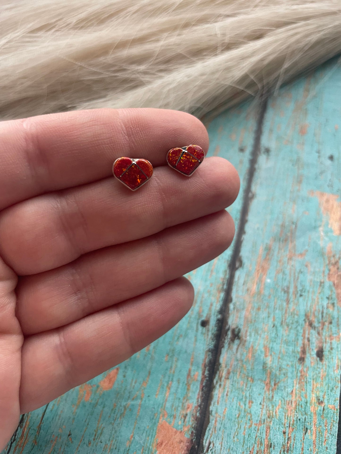 Zuni Sterling Silver & Red Opal Inlay Heart Stud Earrings
