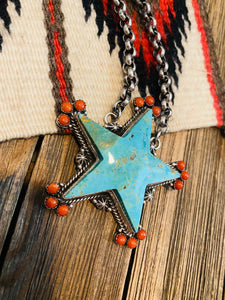 Navajo Turquoise, Coral & Sterling Silver Star Necklace Signed