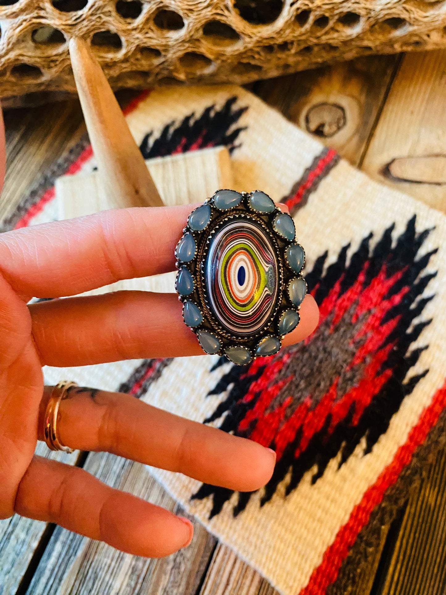 Handmade Sterling Silver, Fordite & Blue Chalcedony Cluster Adjustable Ring