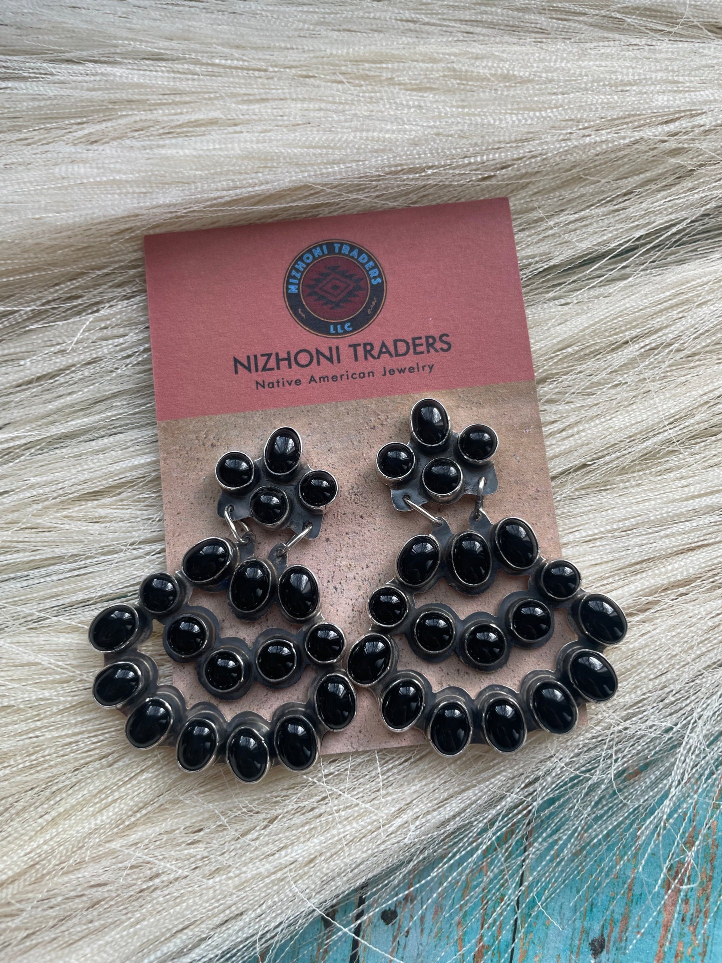 Navajo Sterling Silver & Black Onyx Dangle Earrings Signed