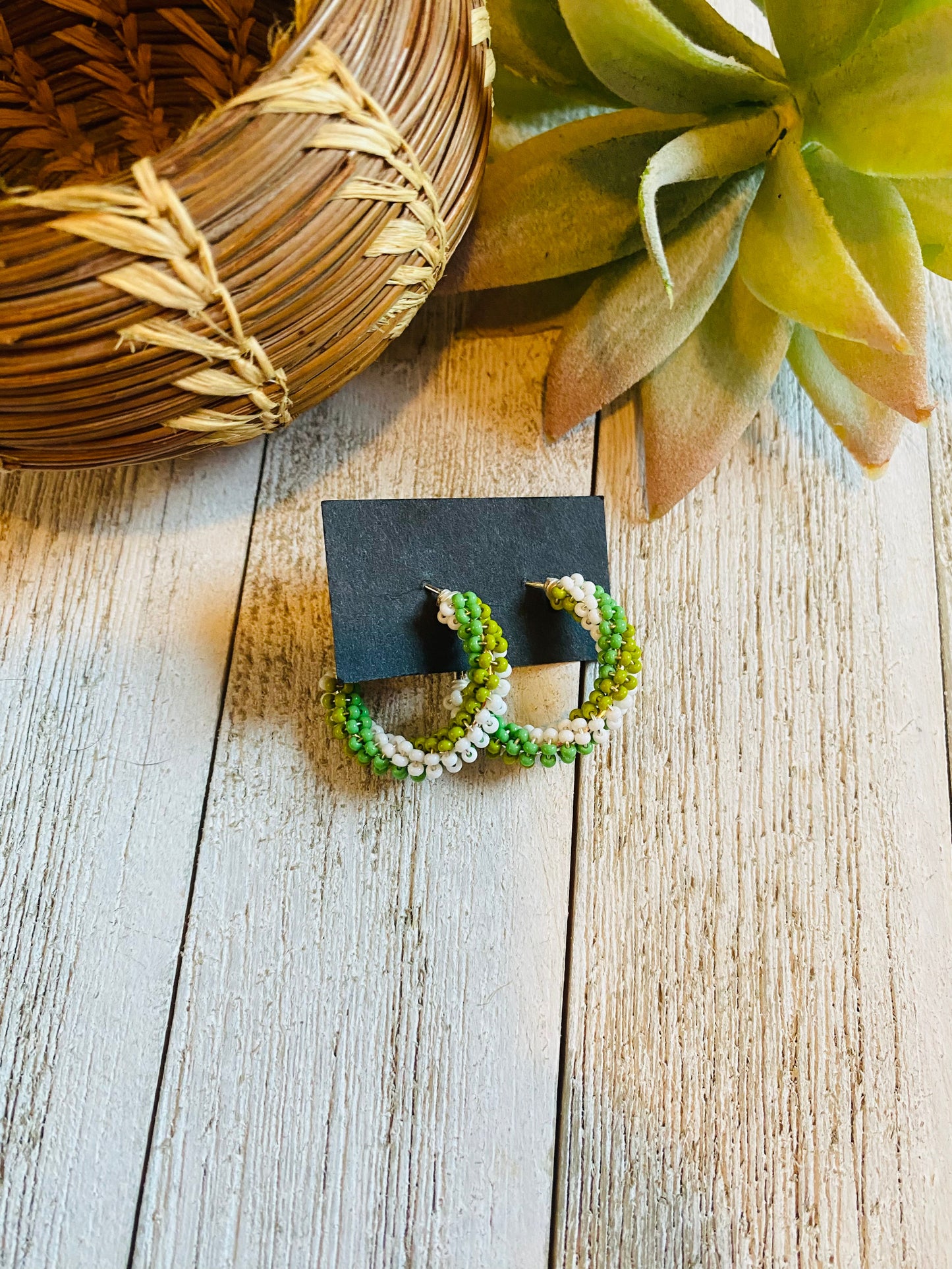 Navajo Handmade Beaded Hoop Earrings- green