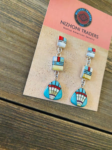 Sun Face Multi Stone And Sterling Silver Inlay Dangle Earrings