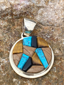 Navajo Inlay Circle Pendant , Onyx, Petrified Wood