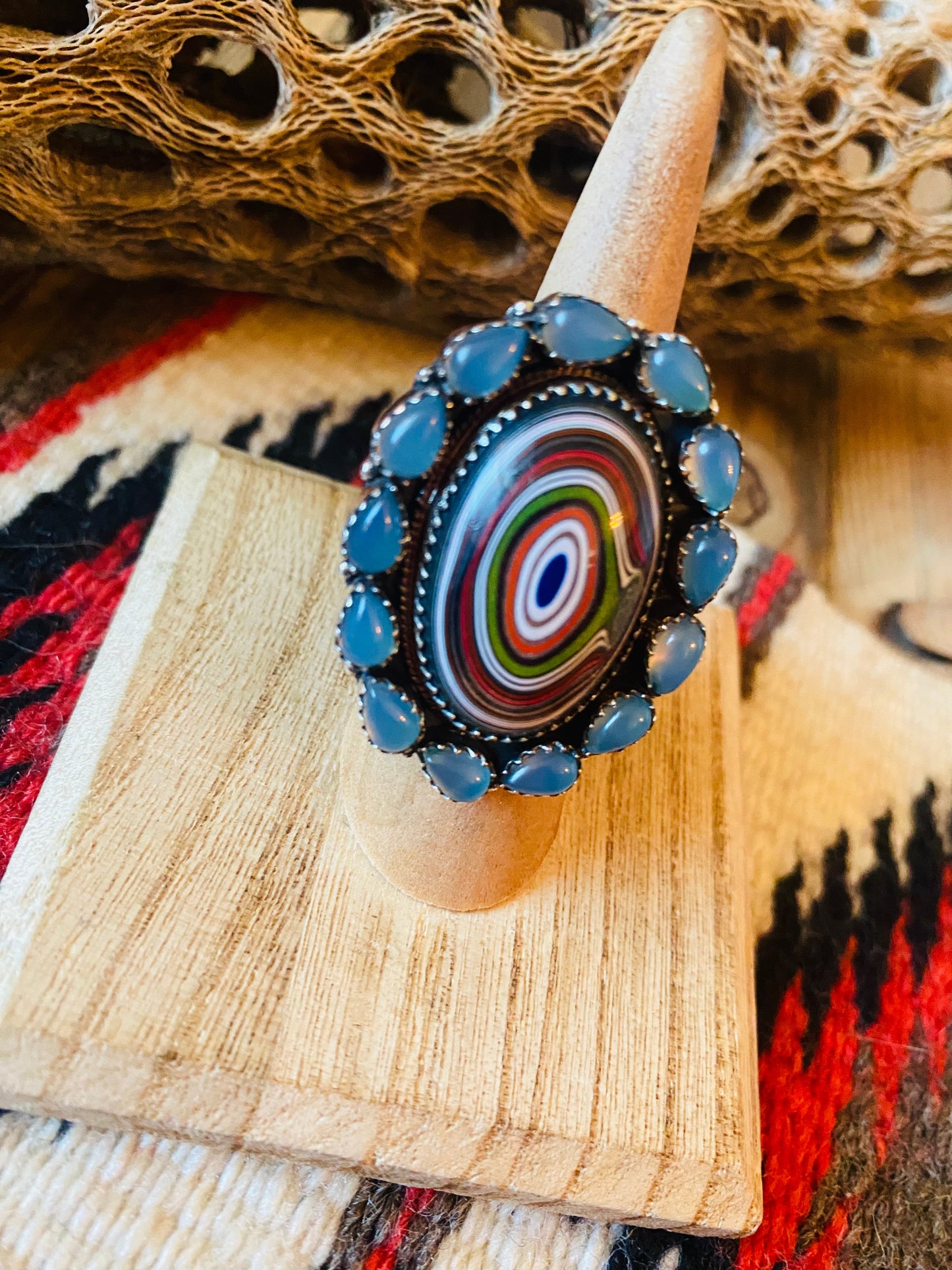 Handmade Sterling Silver, Fordite & Blue Chalcedony Cluster Adjustable Ring