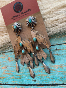 Navajo Turquoise & Sterling Silver Thunderbird Dangle Earrings Signed